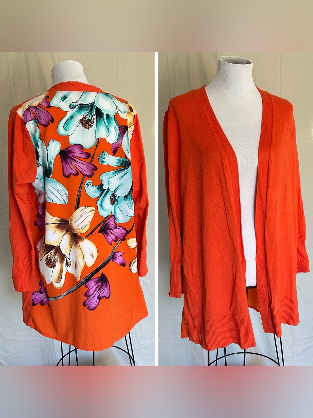 Chico's Orange Open-Front Cardigan Floral Back size 2 large sweater mixed media